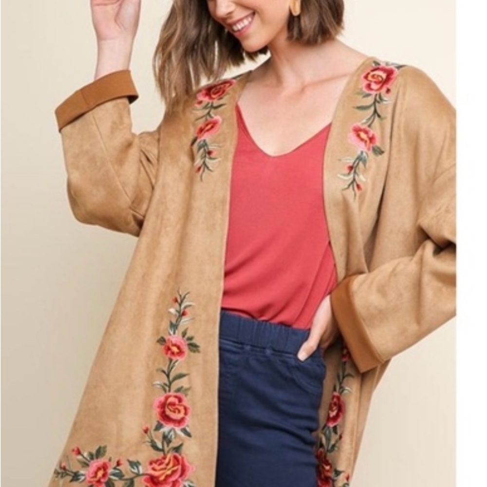 Umgee Women Faux Vegan Suede Embroidered Jacket Cardigan Sz Small Boho Western